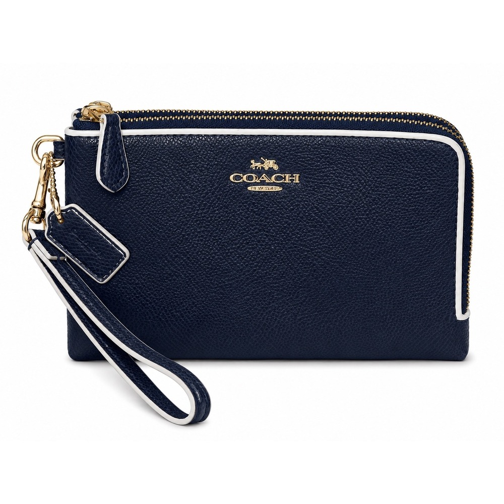 Coach Double Zip Wristlet Midnight Navy Blue Crossgrain Leather Gold Hardware